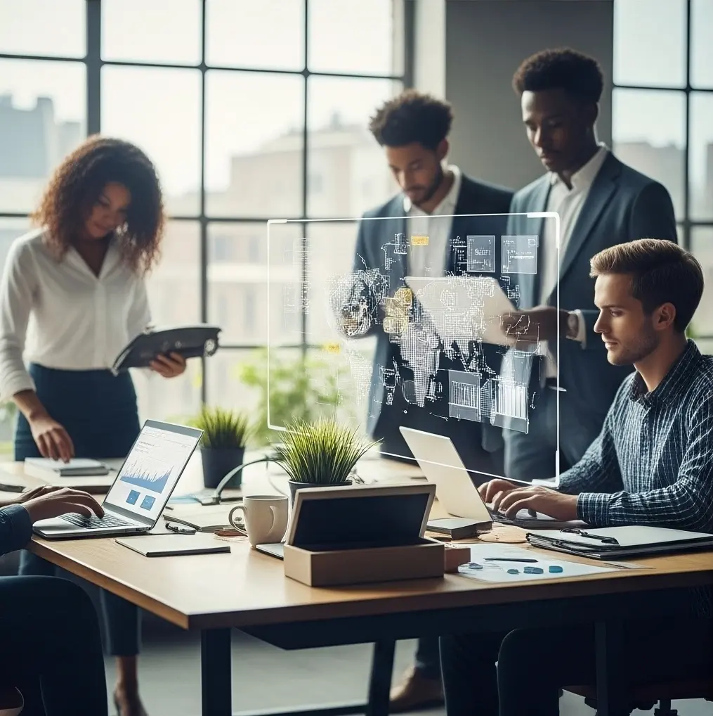 Equipo multicultural trabajando en agencia de SEO internacional, con pantallas digitales proyectando mapas de tráfico web y estrategias globales.