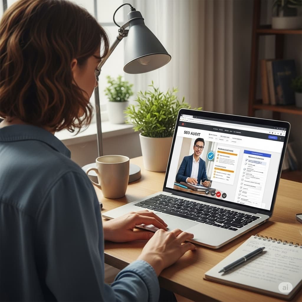 Mujer realizando una auditoría SEO detallada en su laptop, una herramienta clave para cualquier empresa SEO que busca identificar mejoras.
