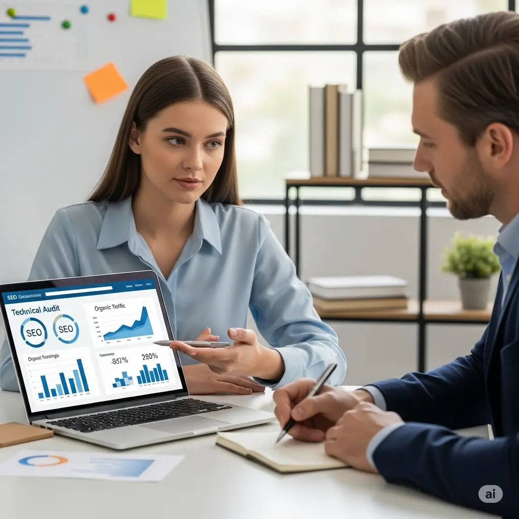 Consultores presentando estrategias de marketing digital, ideal para quienes buscan contratar servicios SEO profesionales y efectivos.