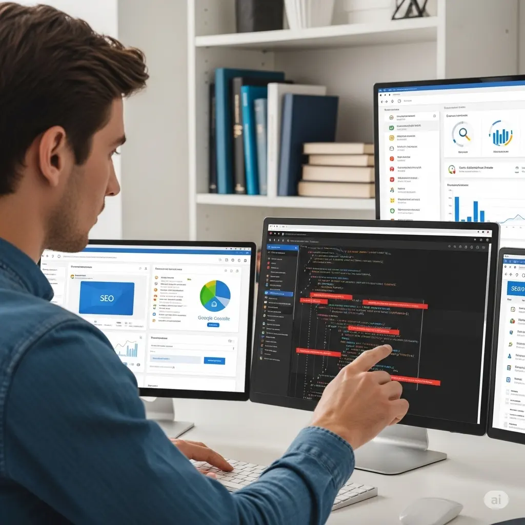 Un consultor SEO trabaja con múltiples monitores, analizando código y datos de Google Console para optimizar el posicionamiento en Google.