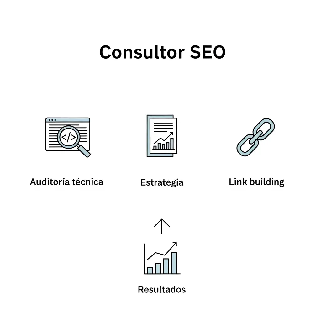 Un diagrama que explica qué es un consultor SEO, abarcando auditoría técnica, estrategia, link building y resultados para el éxito digital.