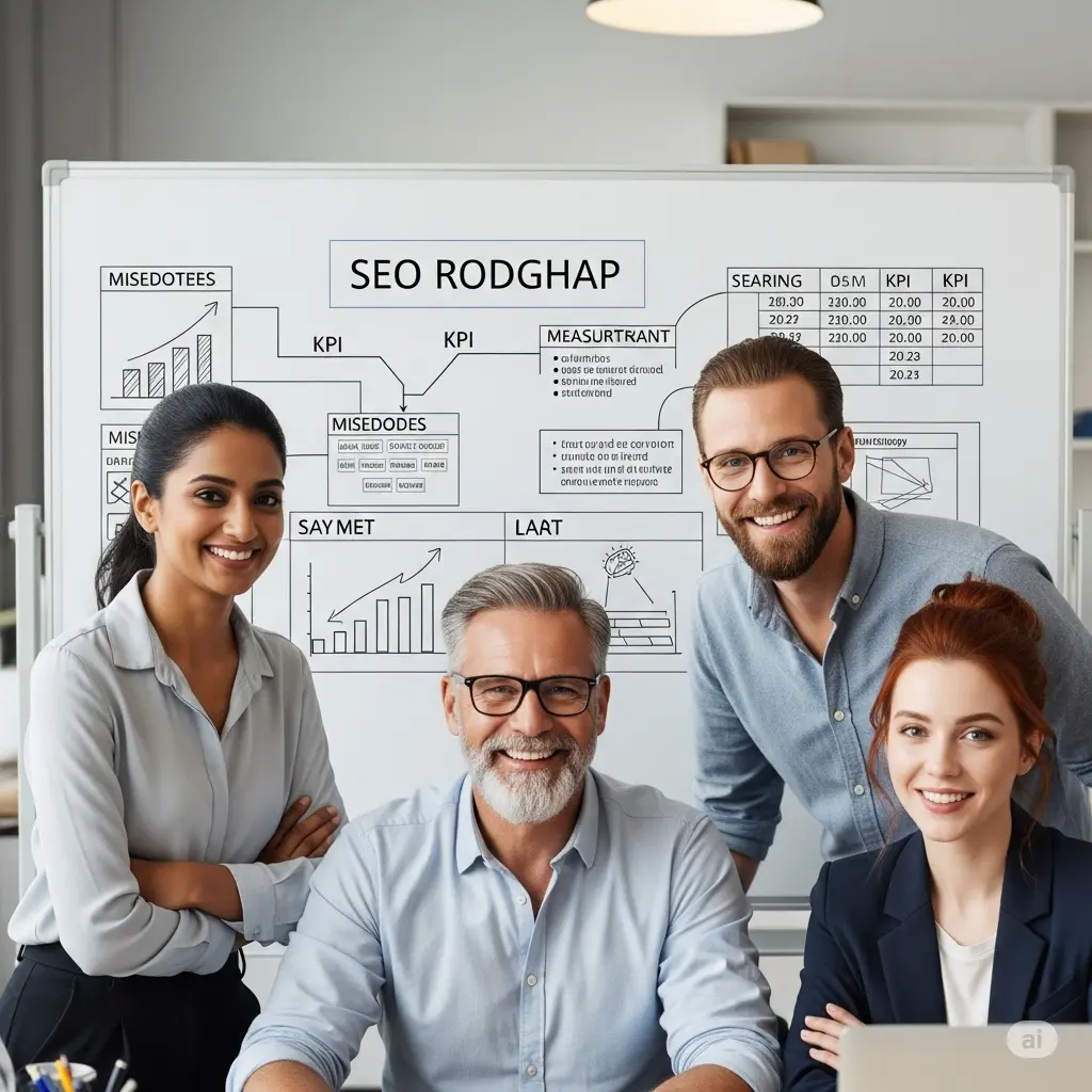 Equipo profesional de una empresa SEO presentando una estrategia de posicionamiento web, mostrando KPIs y resultados.
