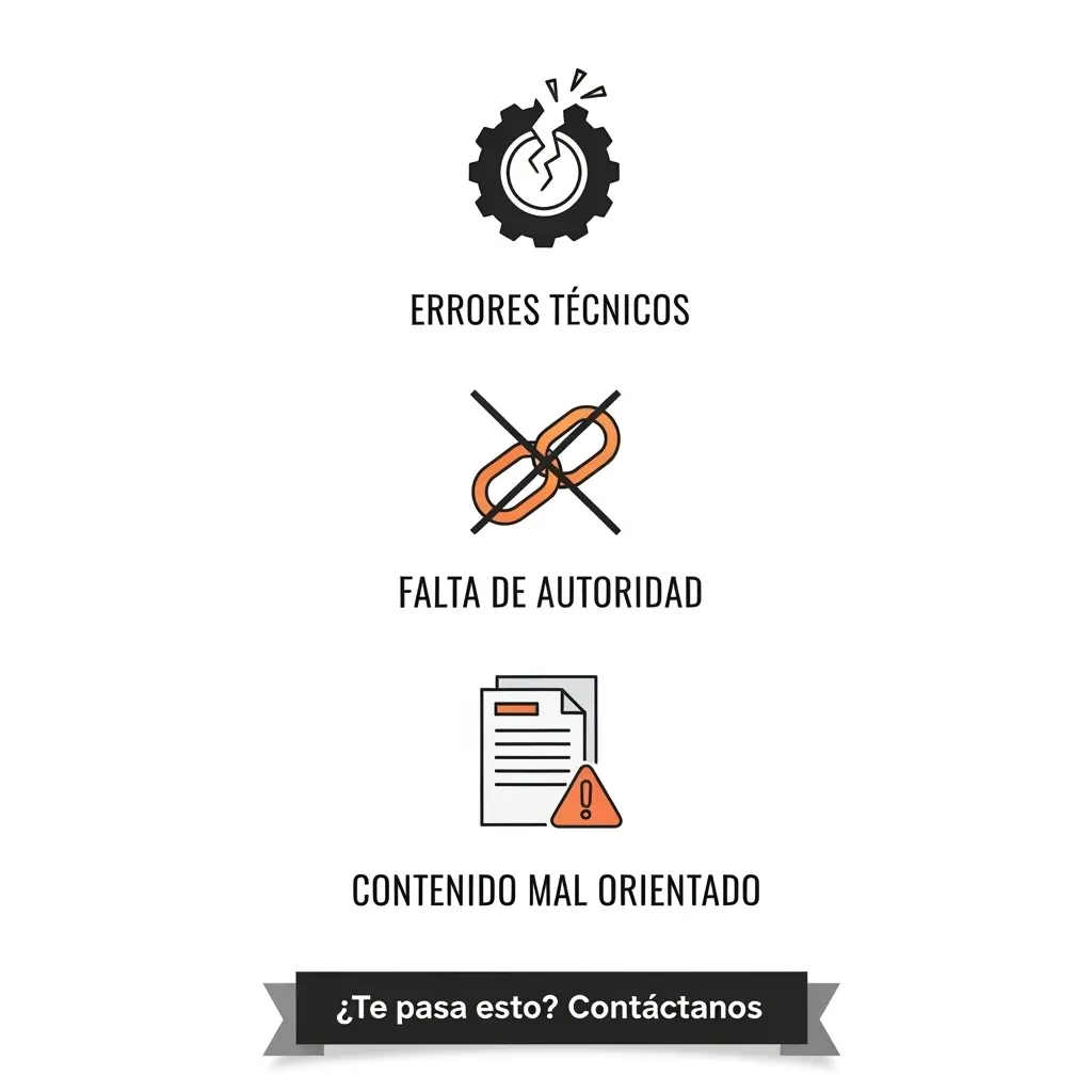 Ilustración de problemas comunes en el posicionamiento web, destacando la necesidad de servicios SEO para corregir errores técnicos y mejorar la autoridad.