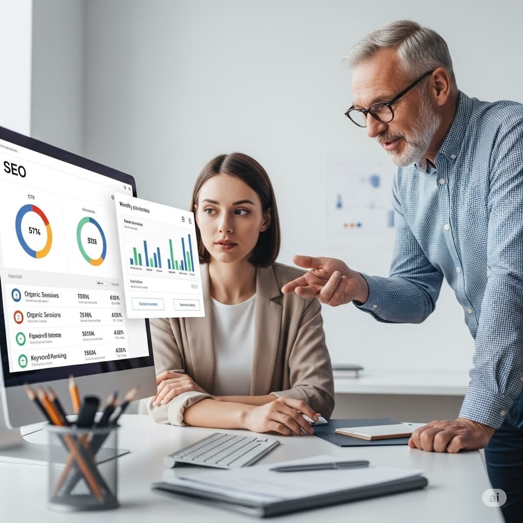 Consultores de una empresa de posicionamiento SEO discutiendo métricas de tráfico orgánico y sesiones para mejorar las estrategias digitales.